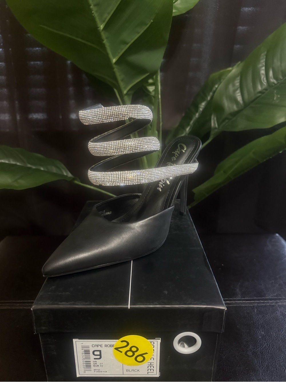 Cape Robbin Black Pointed Stiletto Mule with Crystal Spiral Strap